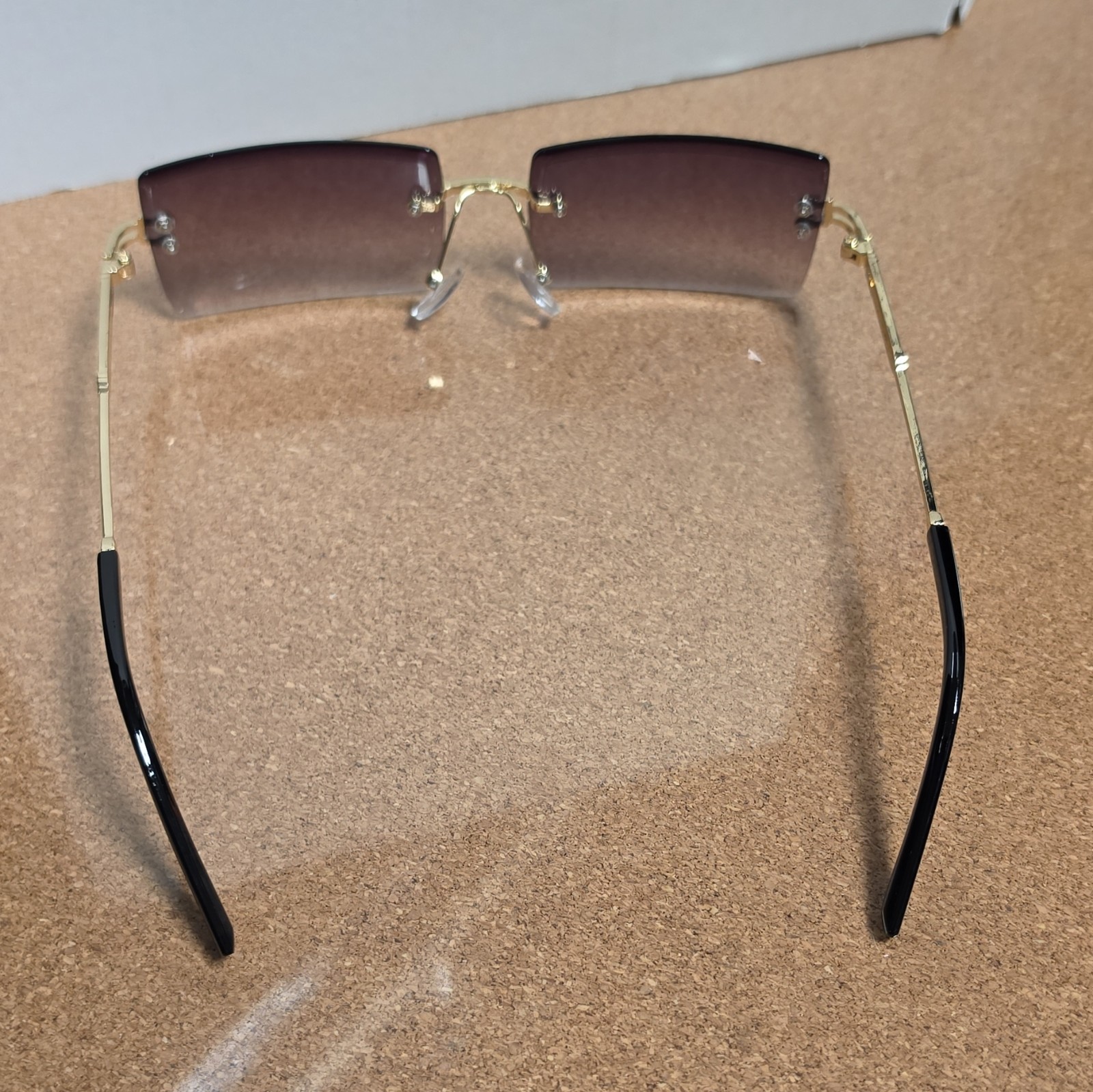 Rimless Rectangle Sunglasses Gold Metal Frame Brown Gradient Tinted Lenses