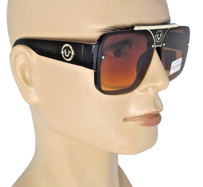 TRUE RELIGION Mens Glossy Black Plastic Sunglasses Amber Lenses TRM1875-1B-GO2