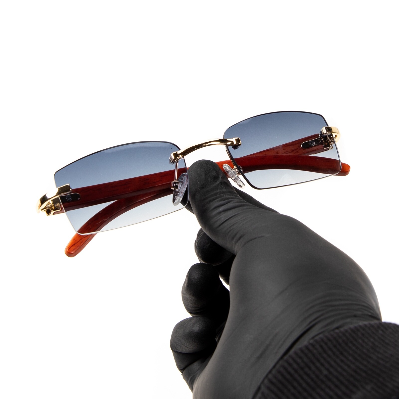 Rimless Woodgrain Blue Gray Tint Gold Frame Luxury Buffs Hip Hop Sunglasses