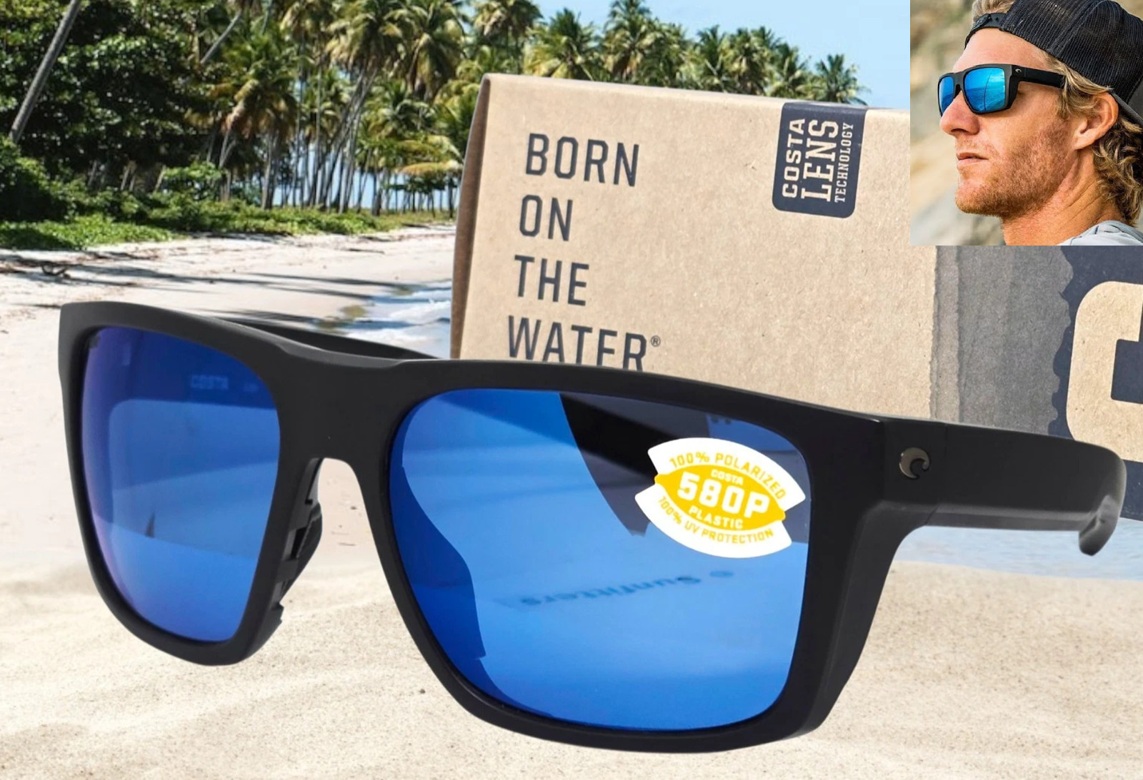 COSTA DEL MAR matte black/blue mirror LIDO polarized 580P sunglasses NEW IN BOX!