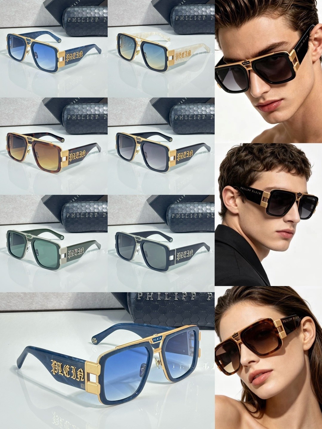 Philipp Plein SPP128M Blue Marble Sunglasses Gold Trim Blue Gradient Lens 56-21-