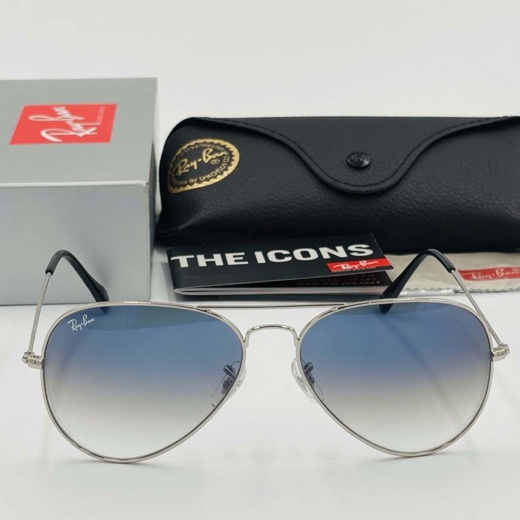 New Ray-Ban RB3025 Aviator Sunglasses Silver Frame Light Blue Gradient Lens 58mm