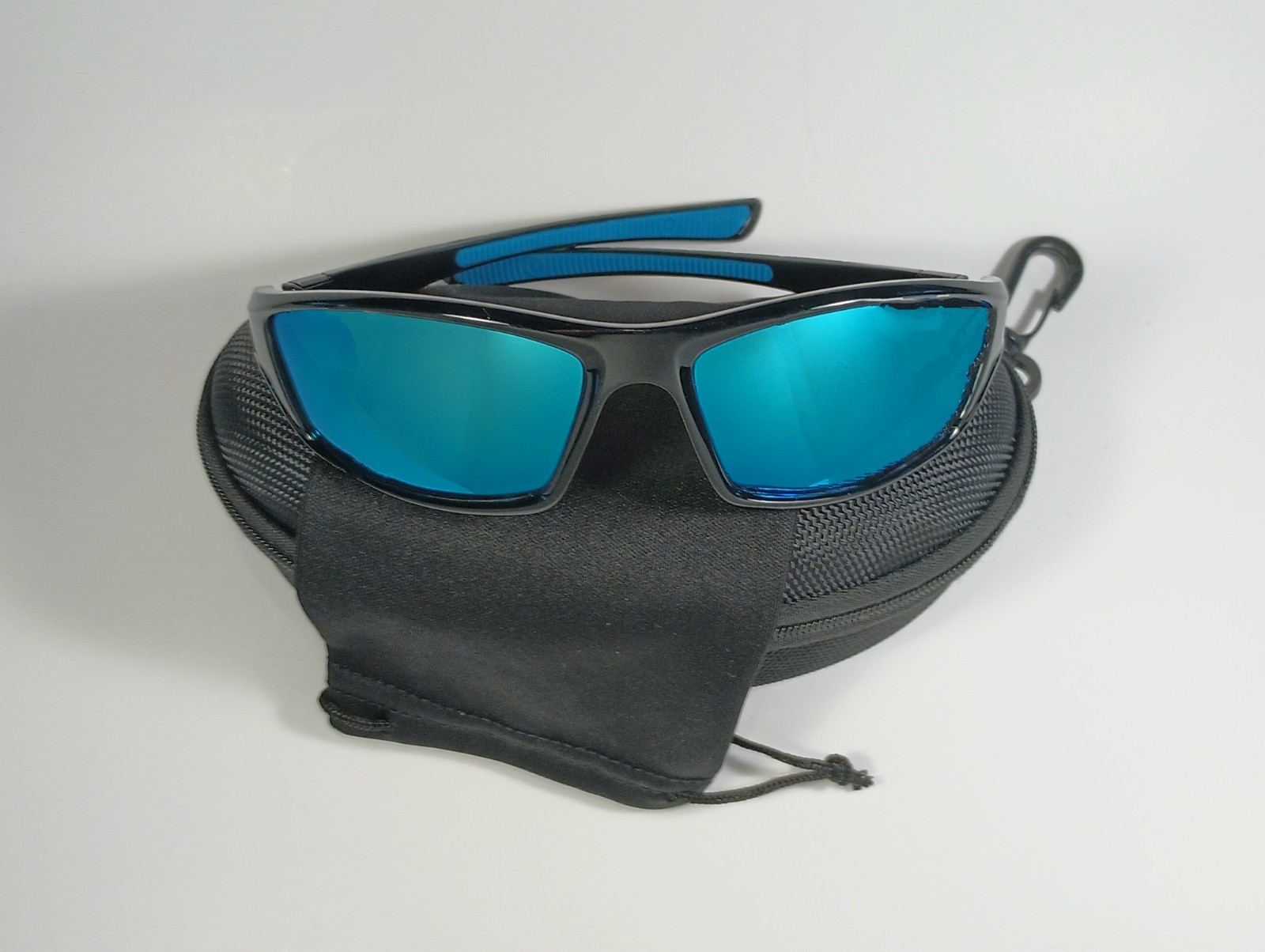 Sport Wrap Sunglasses With Black Frame And Ice Blue Revo Style Lenses With Case