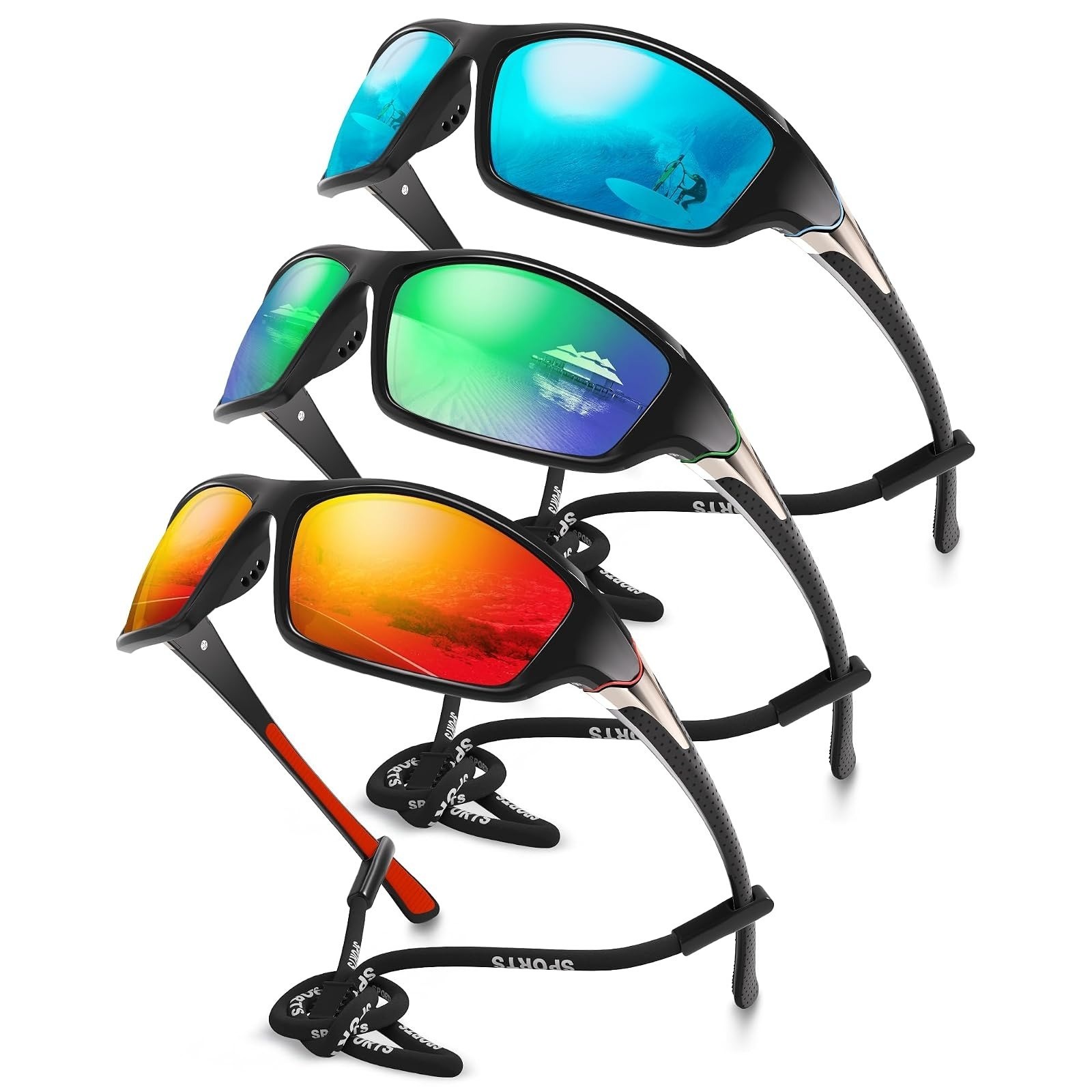 Polarized Sports Sunglasses 3-Pack Wrap Around UV Protection Men Women