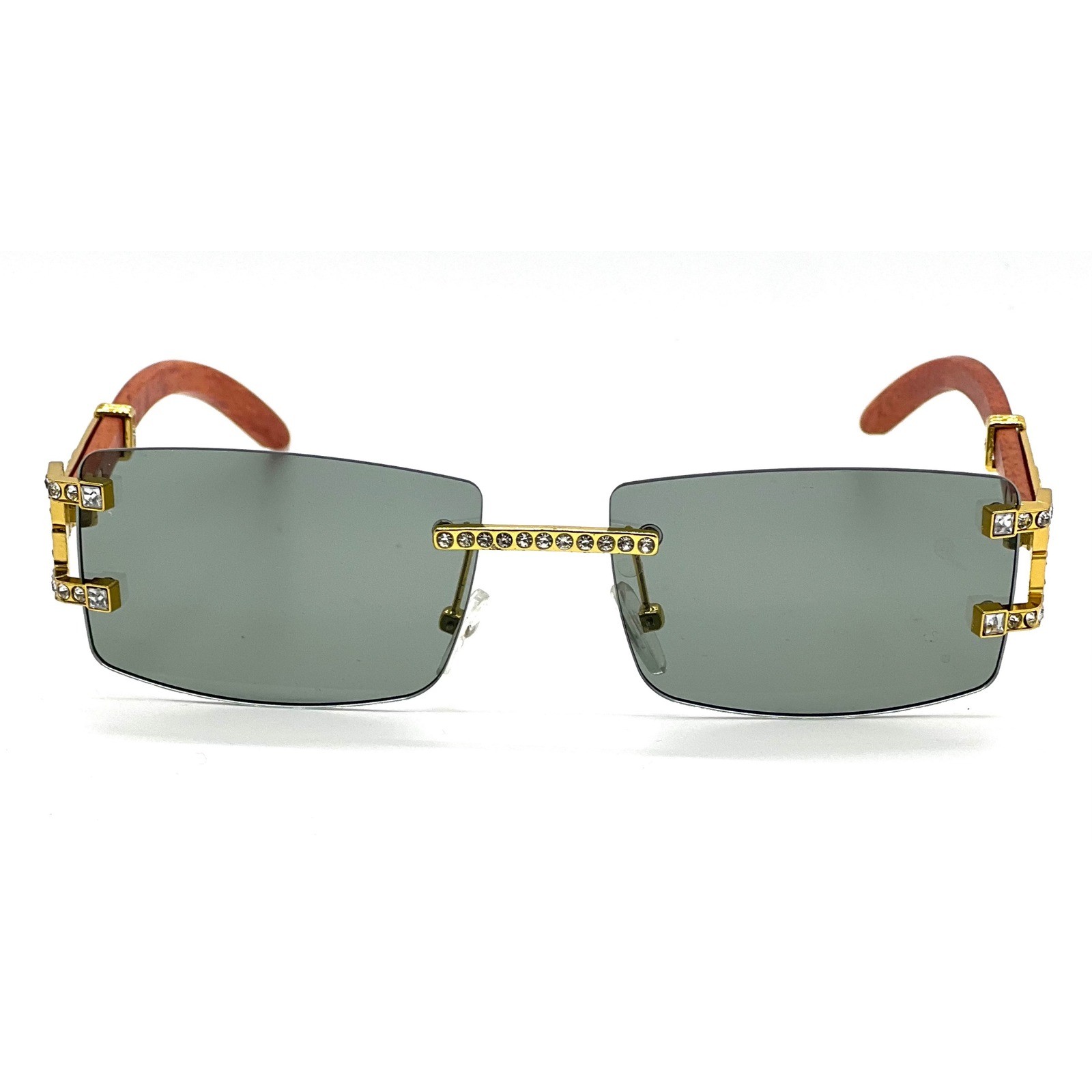 Mens Rimless Rectangle Sunglasses Gold Wood Grain Crystal Iced Out Grey Lens New