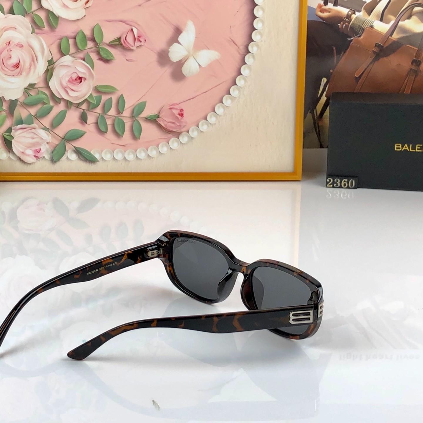 BALENCIAGA BA2360 54-19-143 Tortoise Square Sunglasses Silver Double B Logo