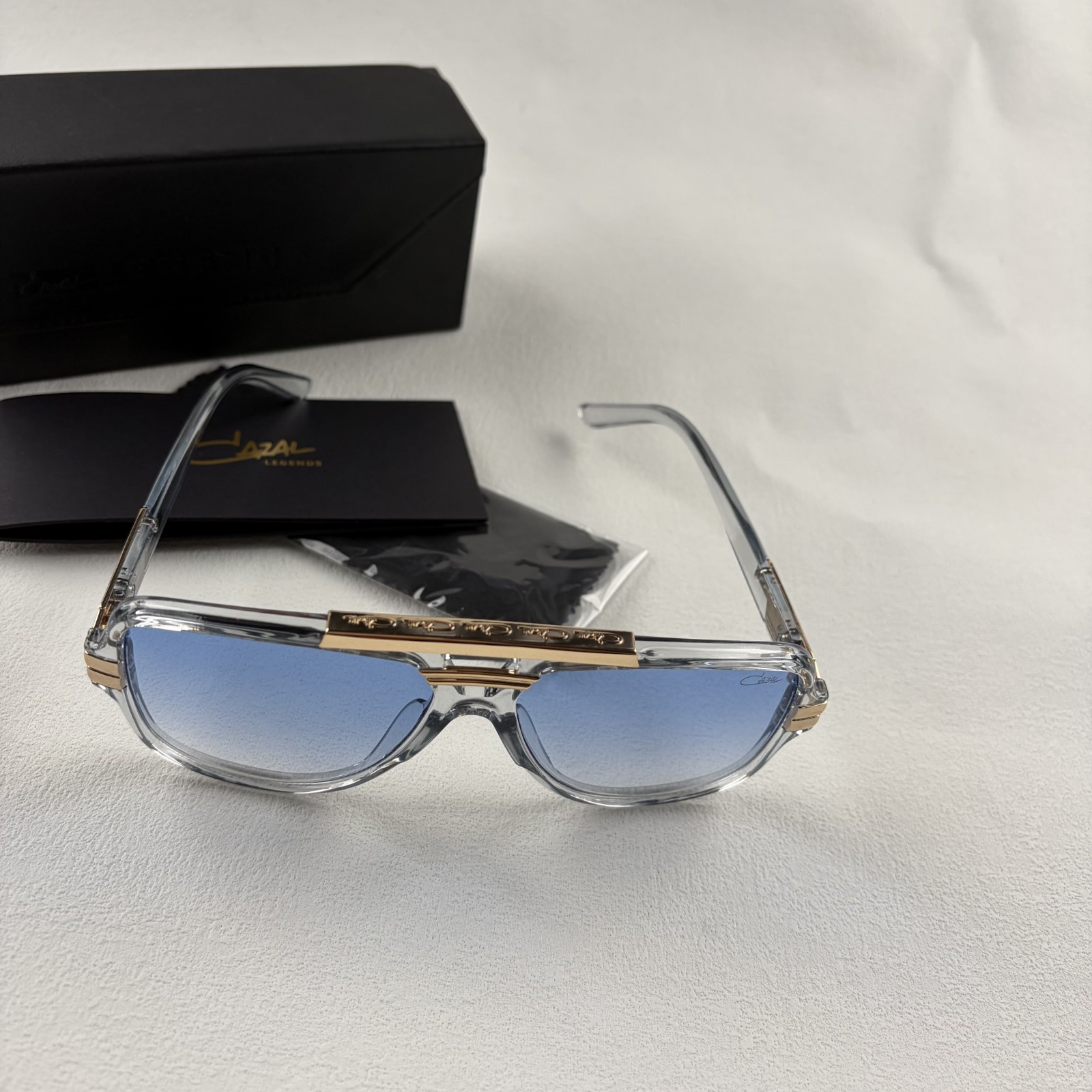 Cazal Square Sunglasses Clear Frame Blue Gradient Lens Men’s Women’s w/Box