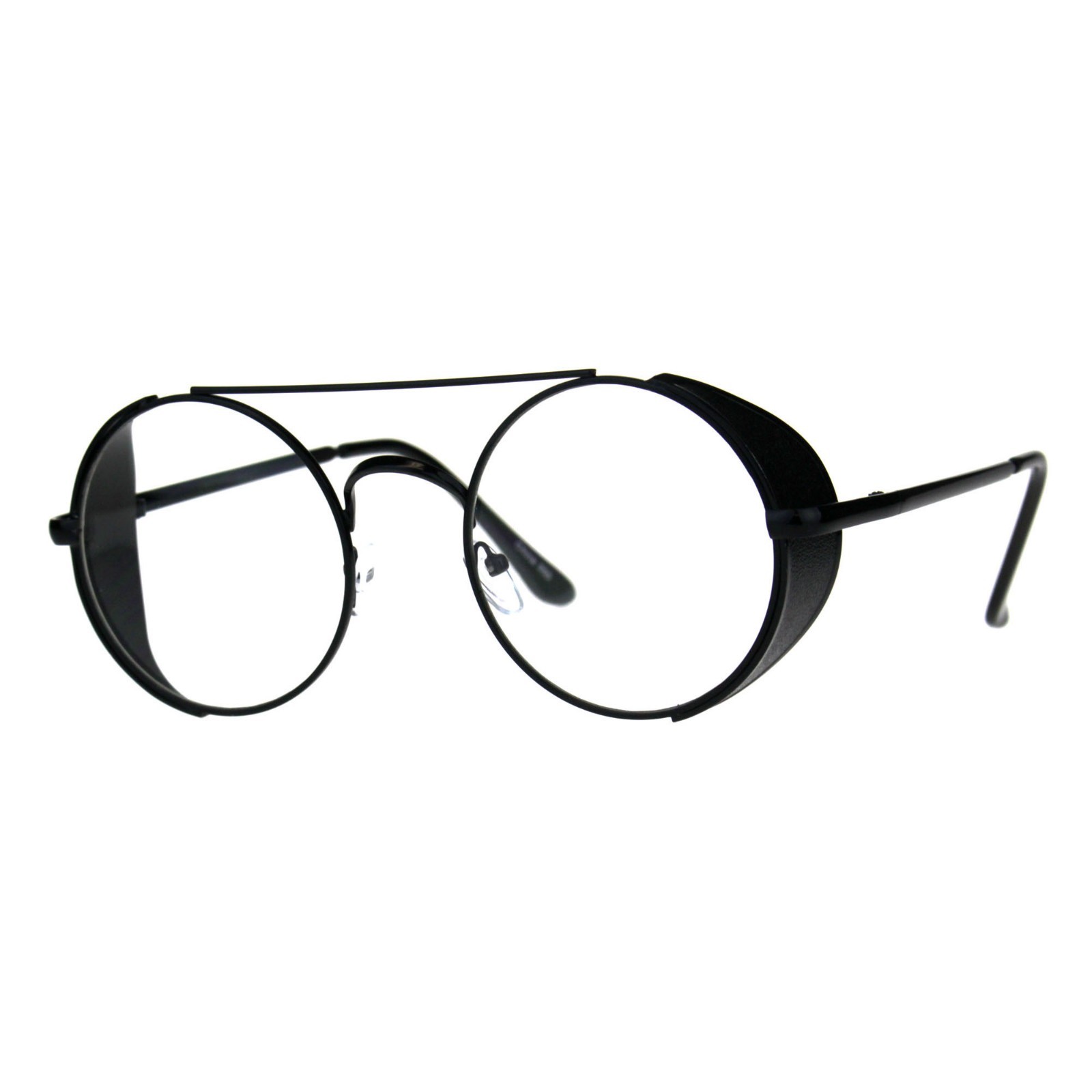 Steampunk Side Cover Clear Lens Glasses Round Metal Flat Top Bridge UV 400