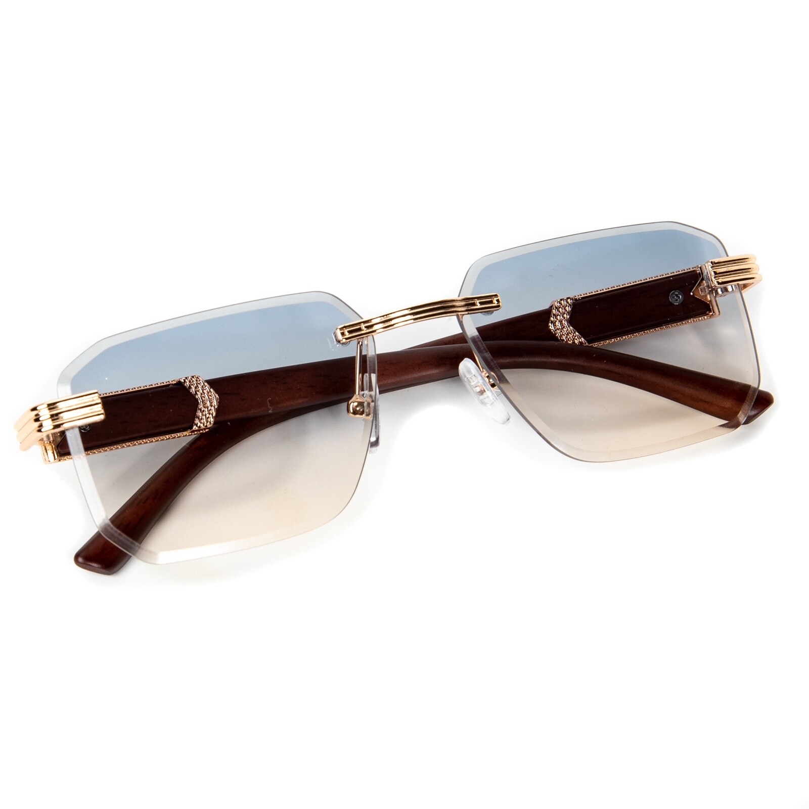 Men’s Gold Frame Rimless Gray Tan Gradient Tint Hip Hop Woodgrain Sunglasses