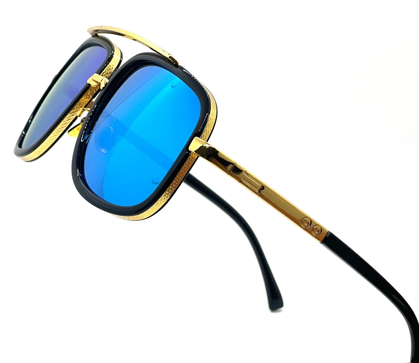 Men’s Sunglasses Square One Gold Colored Metal Frame Top Bar Oversize Shades NEW