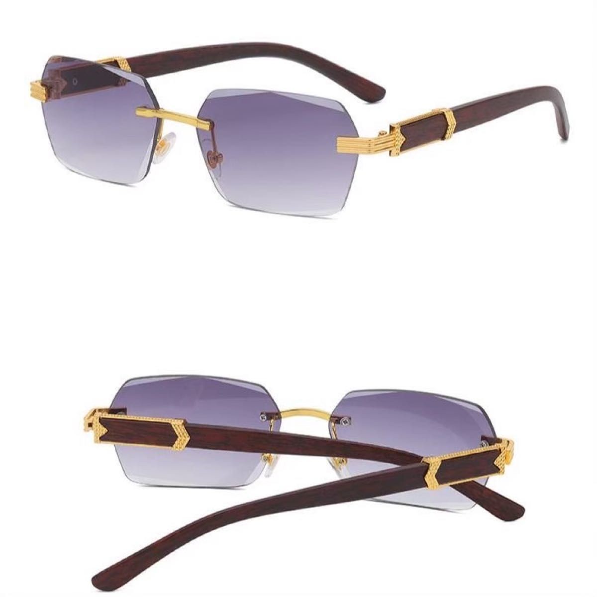 《 left》 Rimless Sunglasses, Square Type, Edges None, Gray Lens, Wood-like