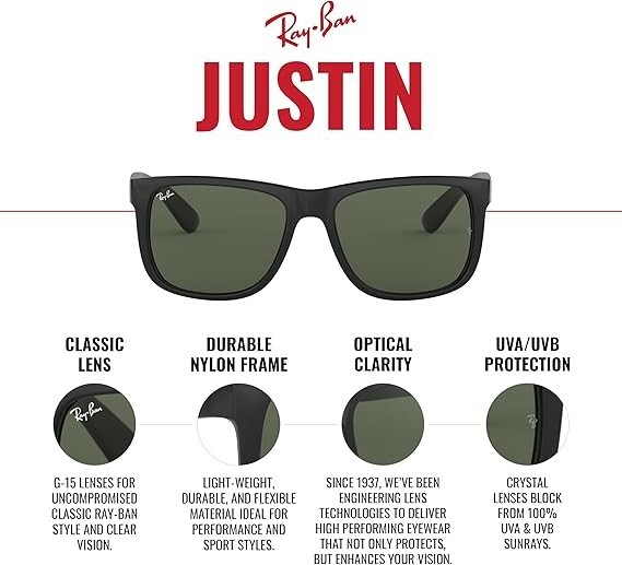 Ray-Ban RB4165 601/8G 51 Justin Matte Rubber Black Dark Grey Gradient Sunglasses