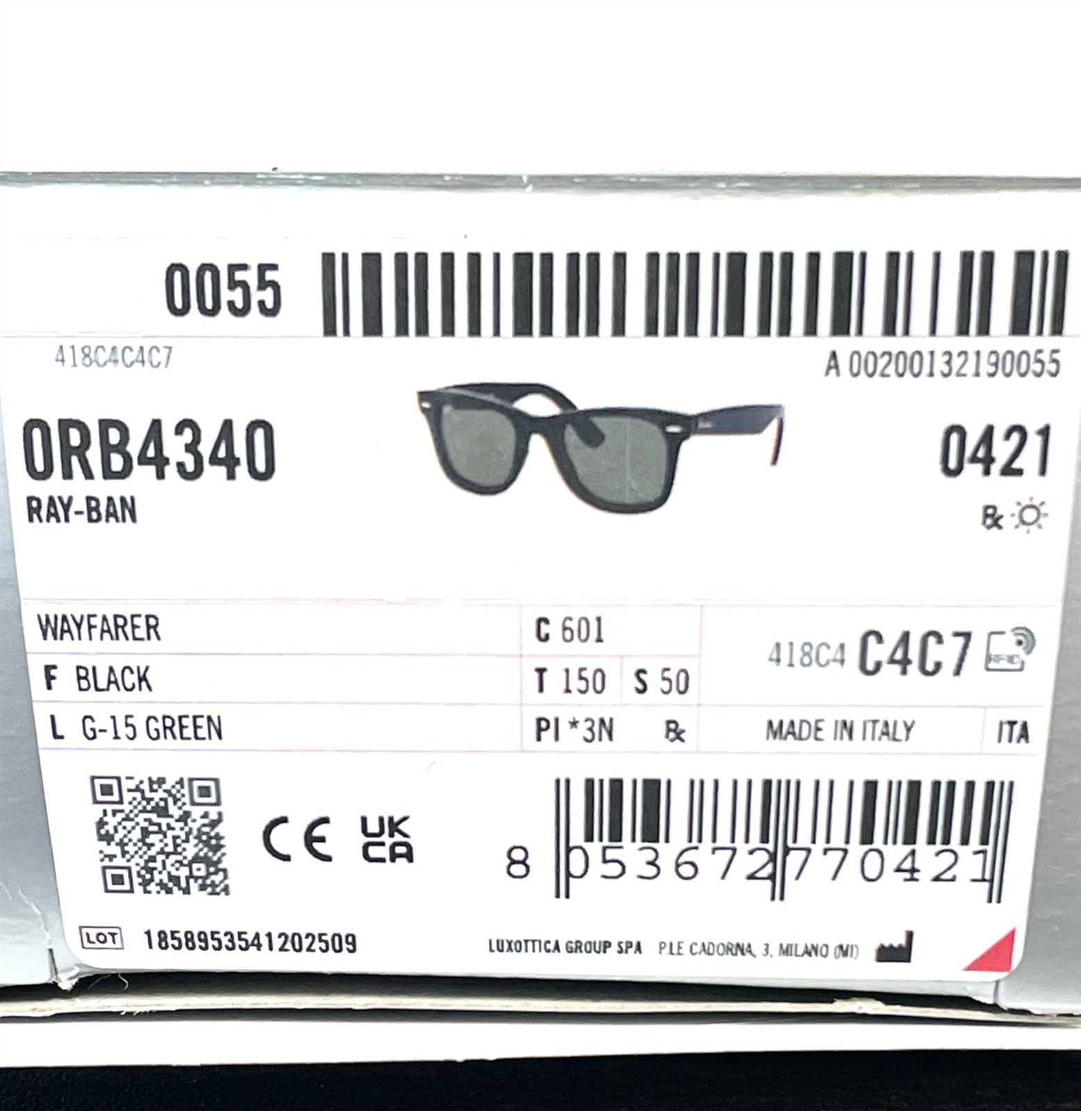 Ray-Ban Wayfarer Ease Sunglasses RB 4340 601 Shiny Black Green Glass 50mm w/case