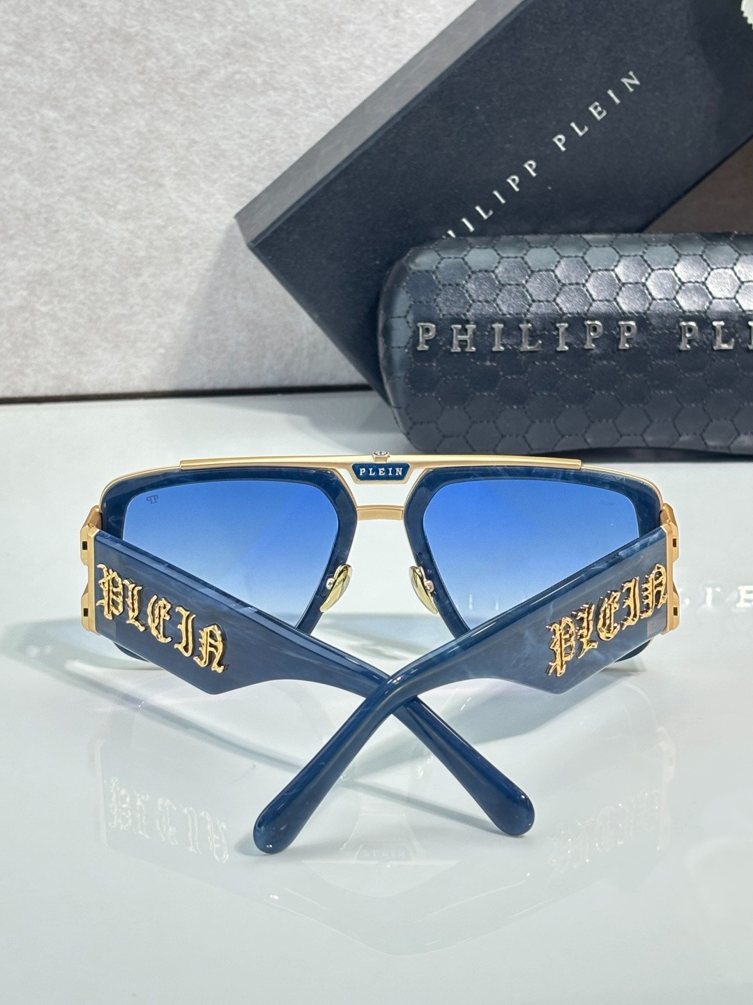 Philipp Plein SPP128M Blue Marble Sunglasses Gold Trim Blue Gradient Lens 56-21-