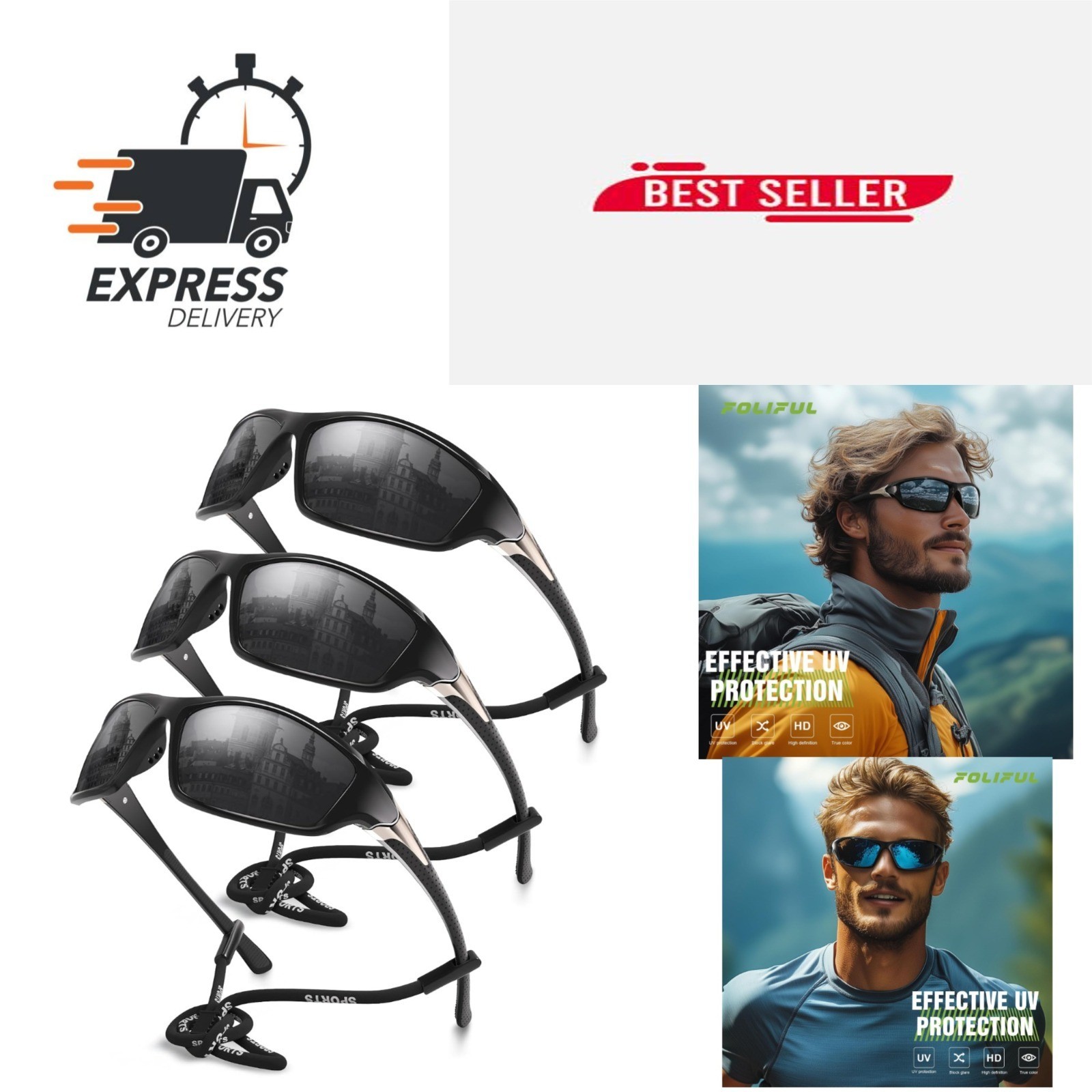 Polarized Sports Sunglasses 3-Pack Wrap Around UV Protection Men Women