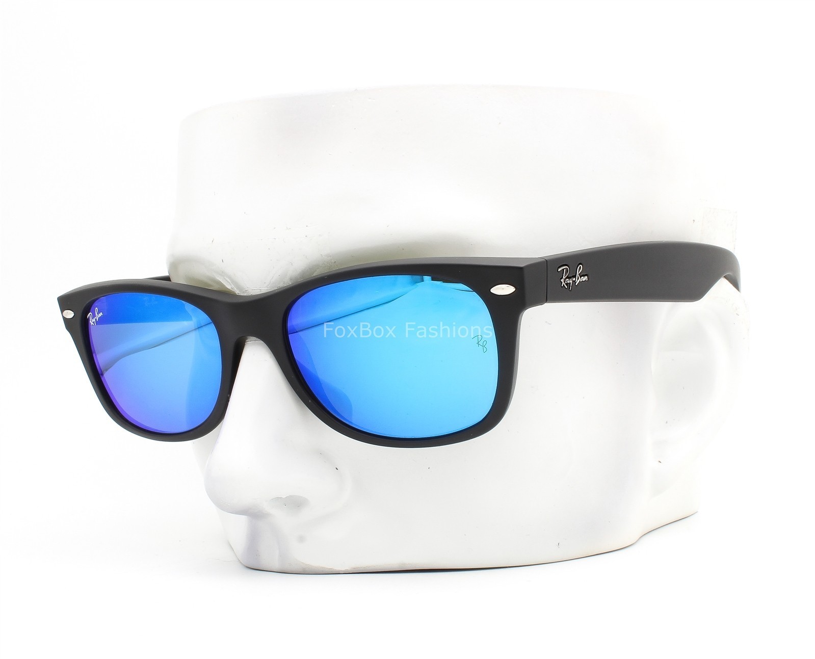 Ray-Ban New Wayfarer Sunglasses RB2132 622/17 Black Rubber Blue Flash 55mm Case