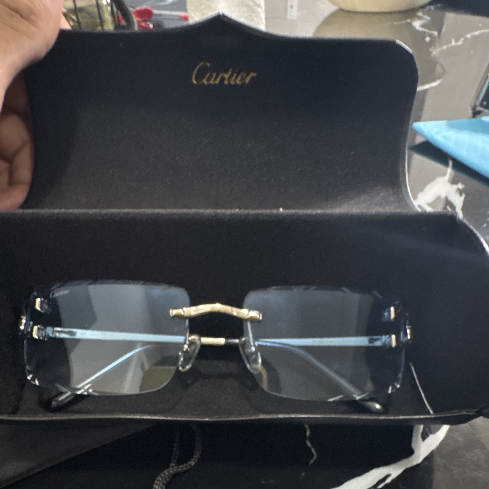 Cartier CT04620S Rimless Rectangle Sunglasses Blue Tinted Lenses Gold Metal 140