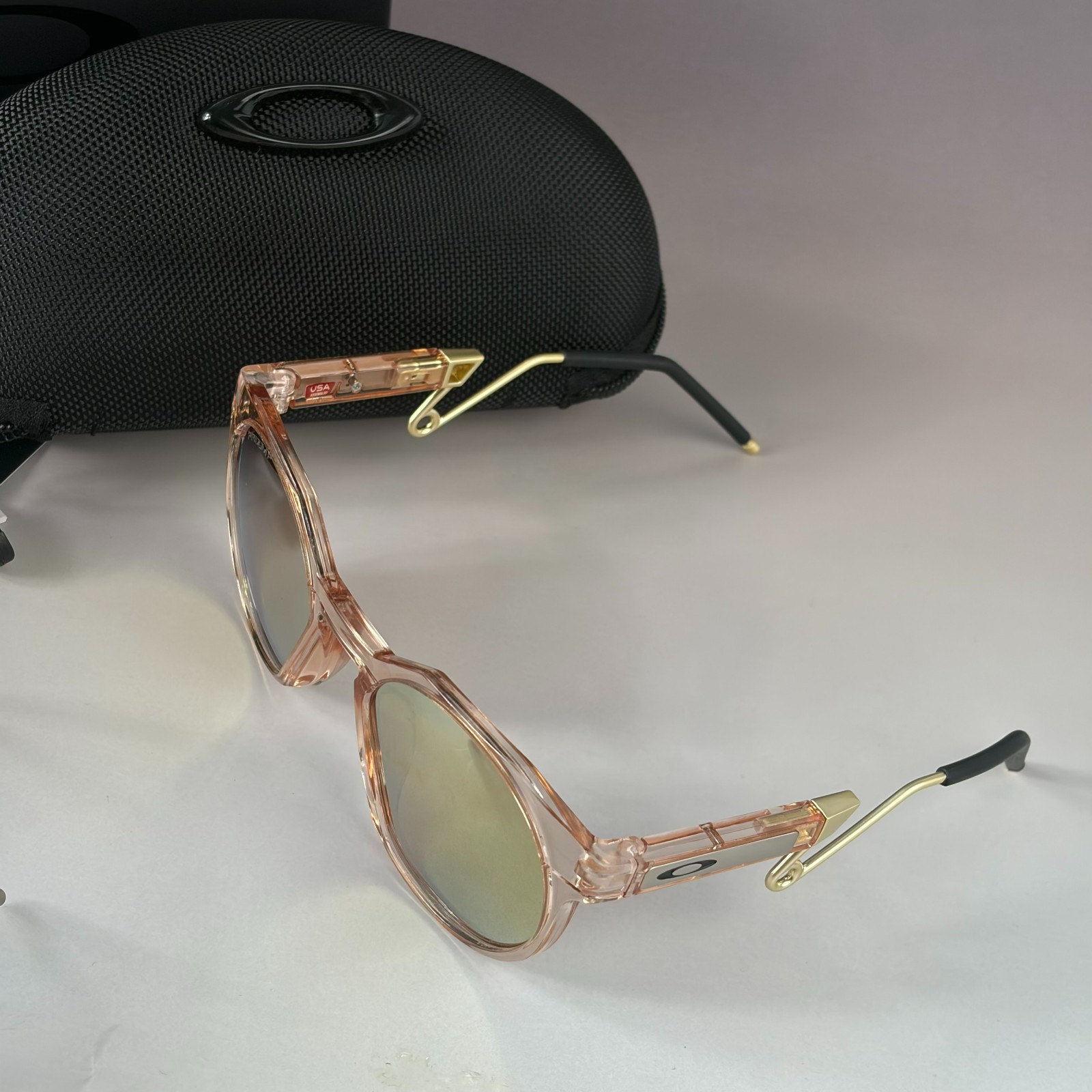 Oakley HSTN Metal Sunglasses Clear Pink Frame Prizm Gold Polarized New W/ Case