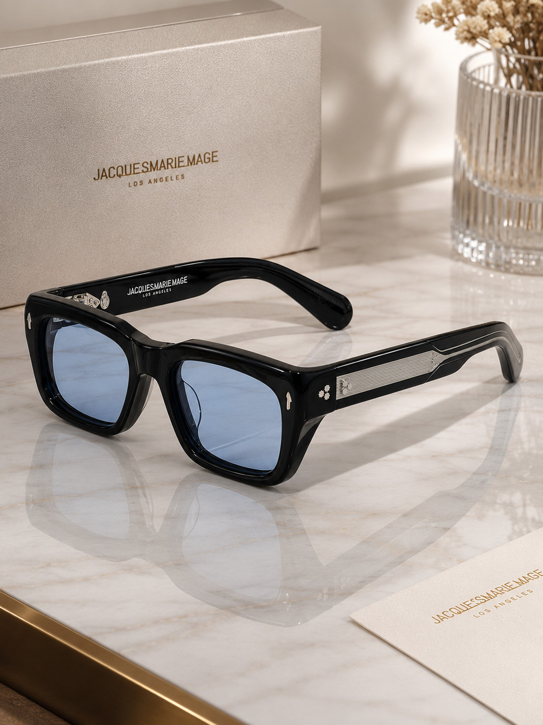 Jacquemus Le Raphia Black Square Sunglasses Blue Lens Silver Detail Unisex