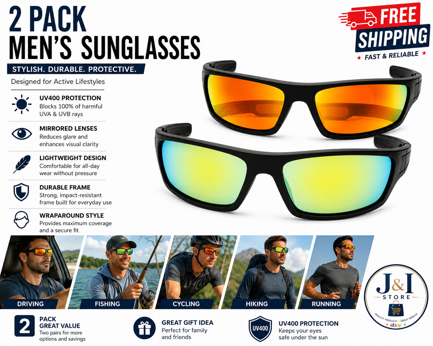 Premium Black Men’s 2 Pair Sunglasses with Mirror Lens