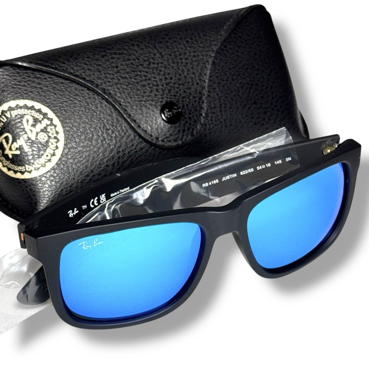 Ray Ban RB4165 622/55 Justin Color Mix Sunglasses Black Matte Blue Mirror 54mm