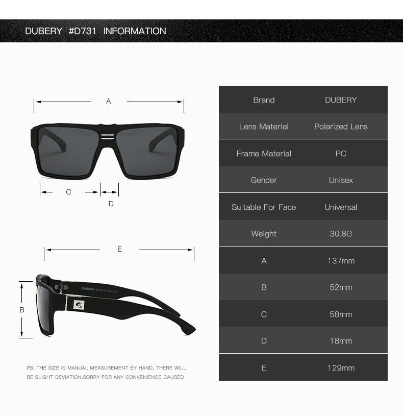 DUBERY Men Polarized Square Sunglasses Oversize Driving Fishing Sport Glasses