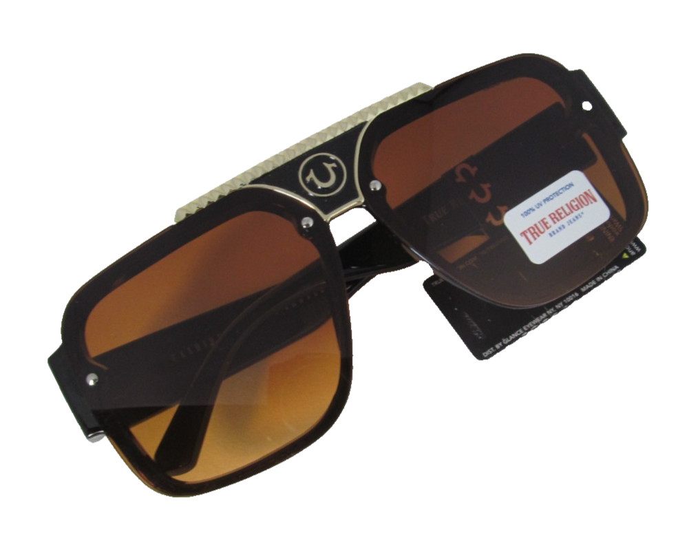 TRUE RELIGION Mens Glossy Black Plastic Sunglasses Amber Lenses TRM1875-1B-GO2