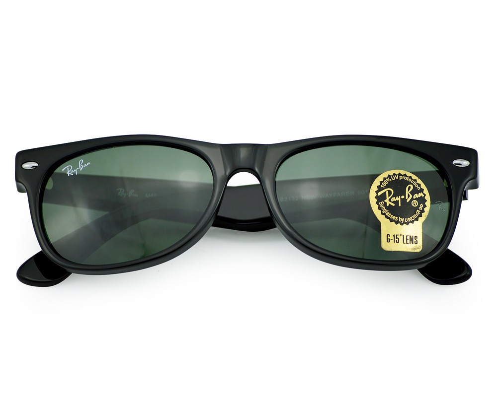 Ray-Ban Sunglasses RB2132 New Wayfarer Classic Black Frame Green Lenses 55mm
