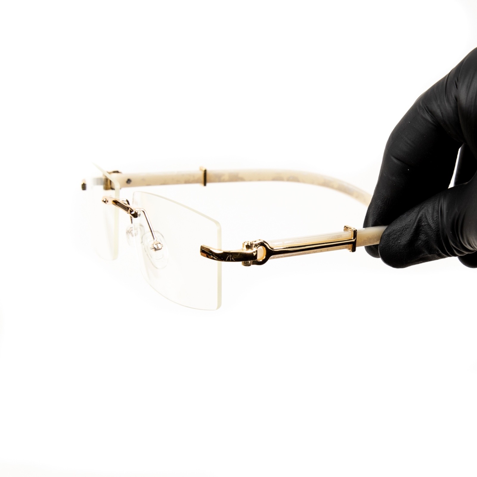 White Wood Arm Rimless Clear Lens Square Gold Frame Unisex Rectangle Glasses