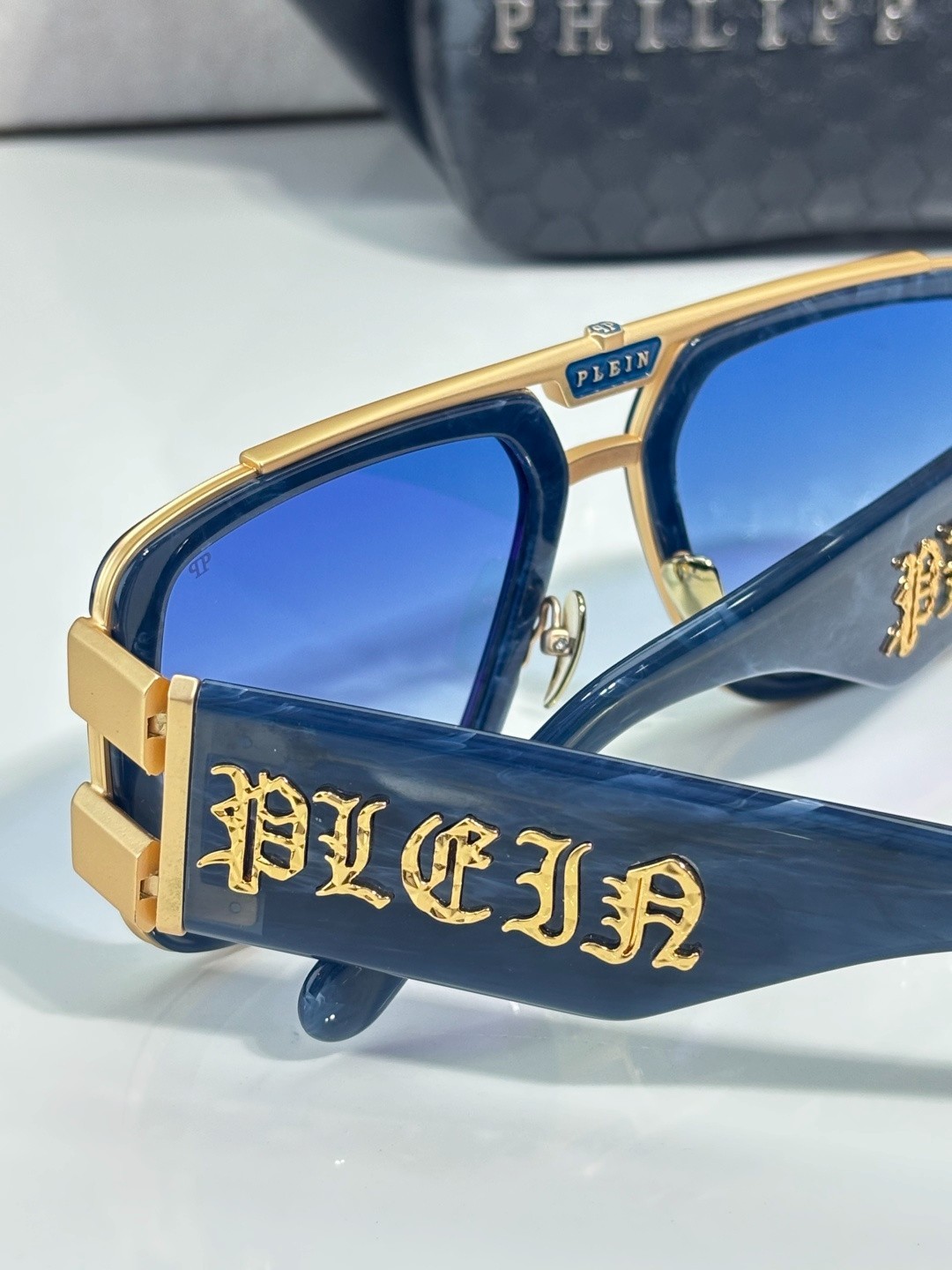 Philipp Plein SPP128M Blue Marble Sunglasses Gold Trim Blue Gradient Lens 56-21-