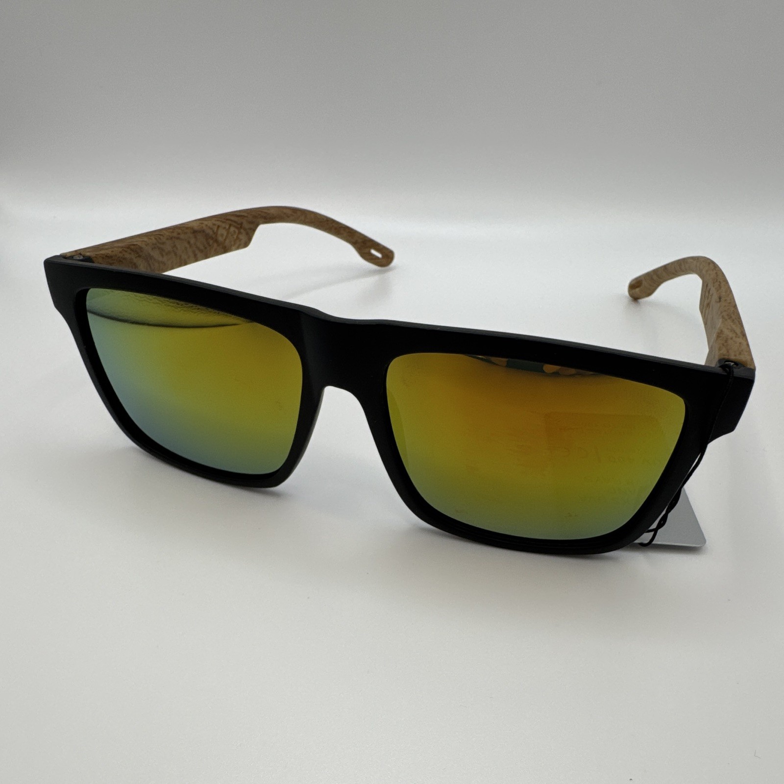 Men’s Square Sunglasses Black Plastic Frame Wood Temples Gold Mirrored UV400