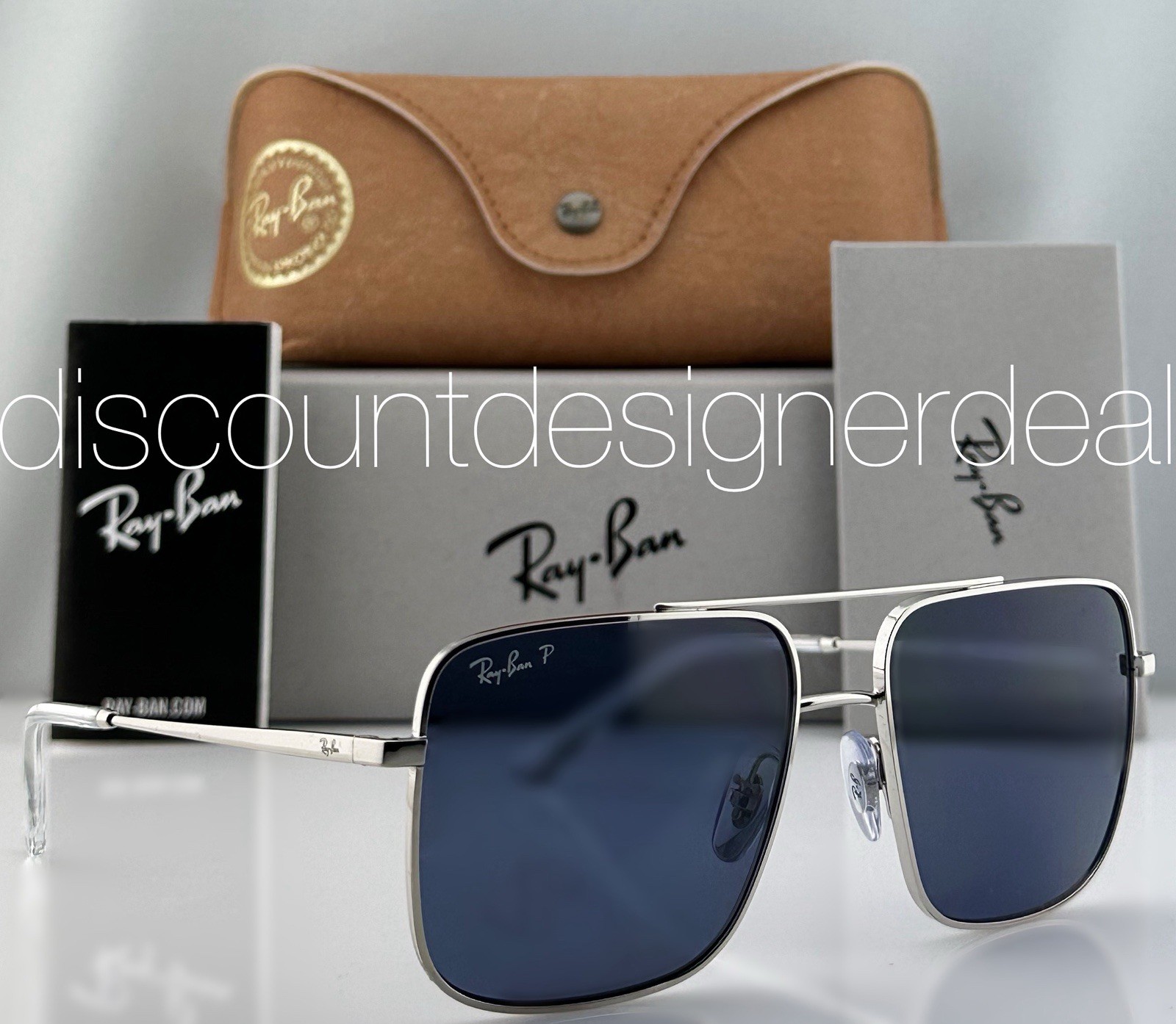 Ray-Ban RB3758 003/2V Square Sunglasses Silver Frame Blue Polarized Lens 56mm