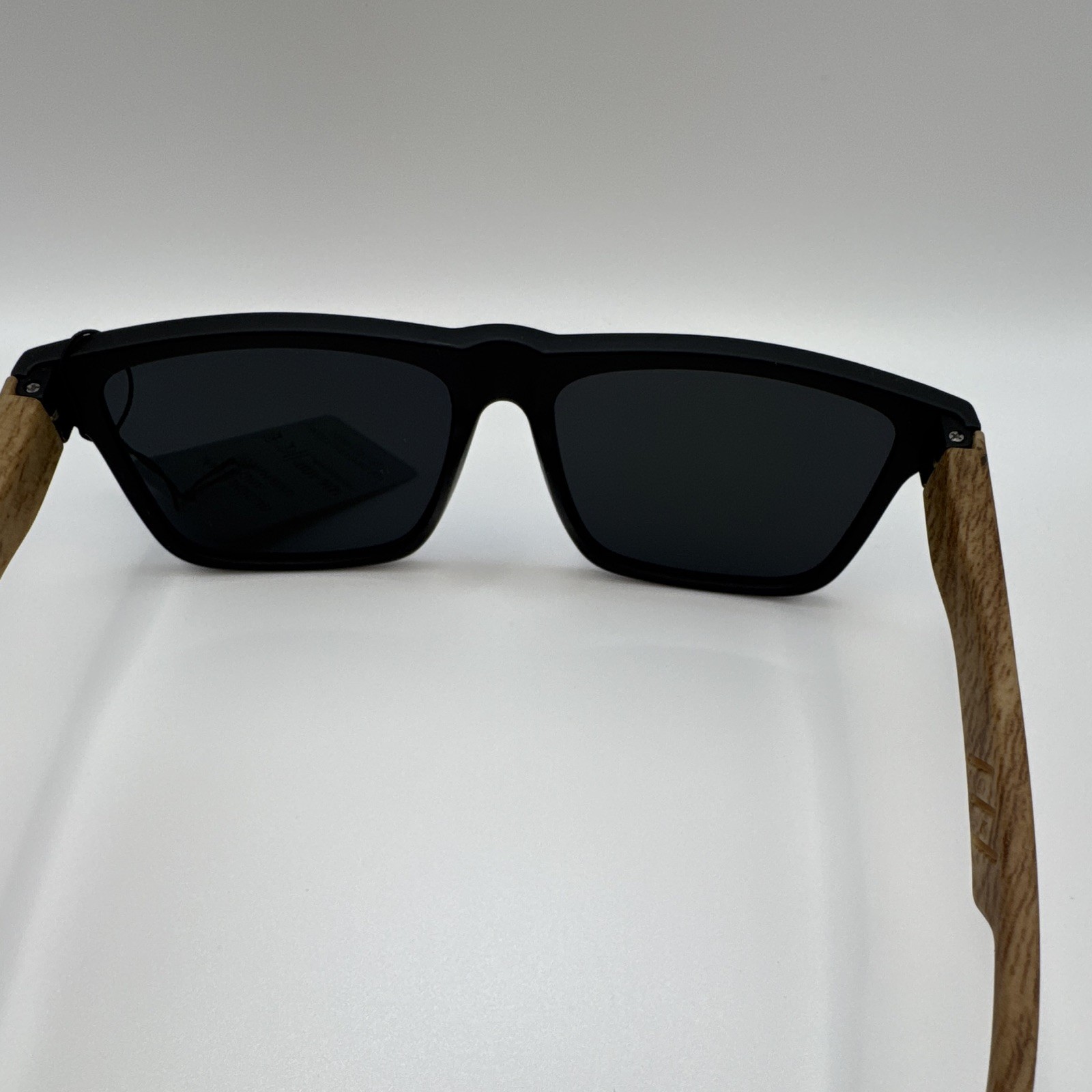Men’s Square Sunglasses Black Plastic Frame Wood Temples Gold Mirrored UV400
