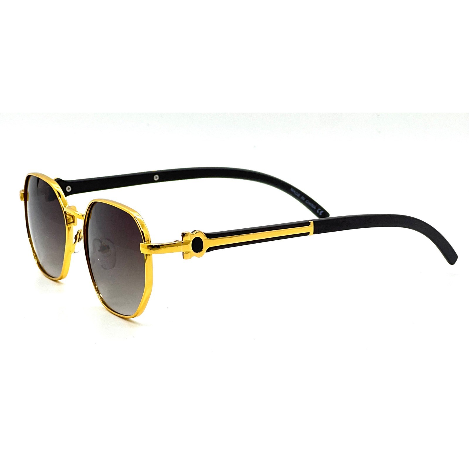 Mens Geometric Gold Metal Sunglasses Grey Gradient Lens Black Wood Grain Style