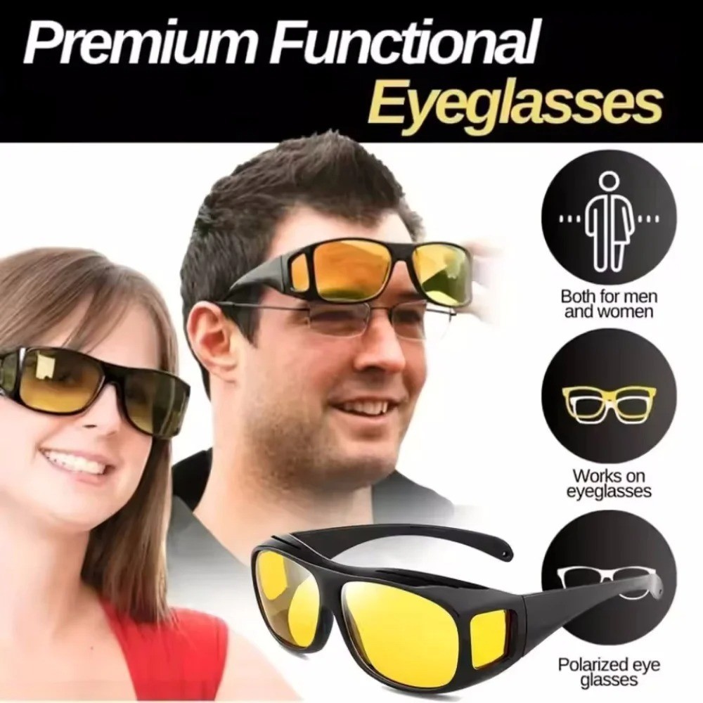 Night Vision Pro Driving Glasses Anti-Glare Polarized Wear Over Yellow Lens A