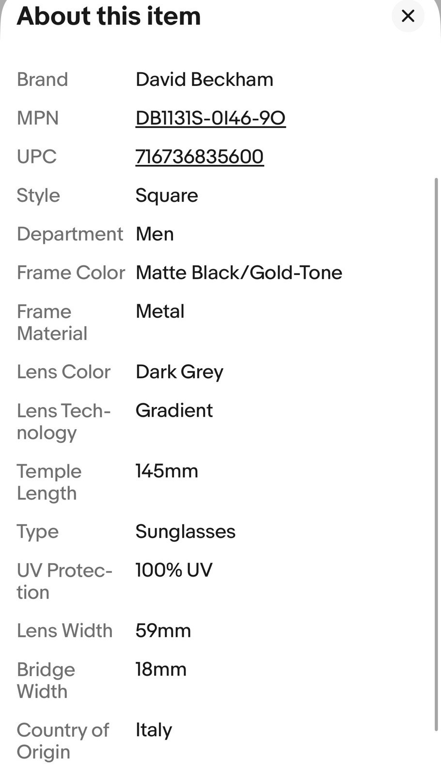 David Beckham DB1131S 0146 90 Matte Black Gold Soft Square Sunglasses Flex Hinge