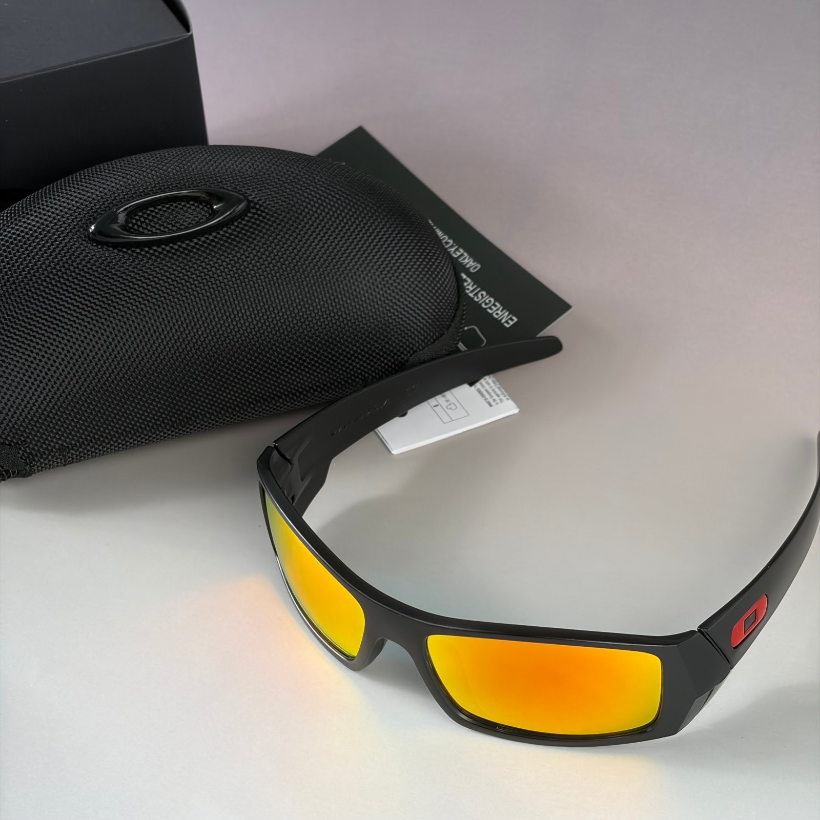 New Oakley Gascan Black Frame Ruby Fire Iridium Sunglasses With Case Box
