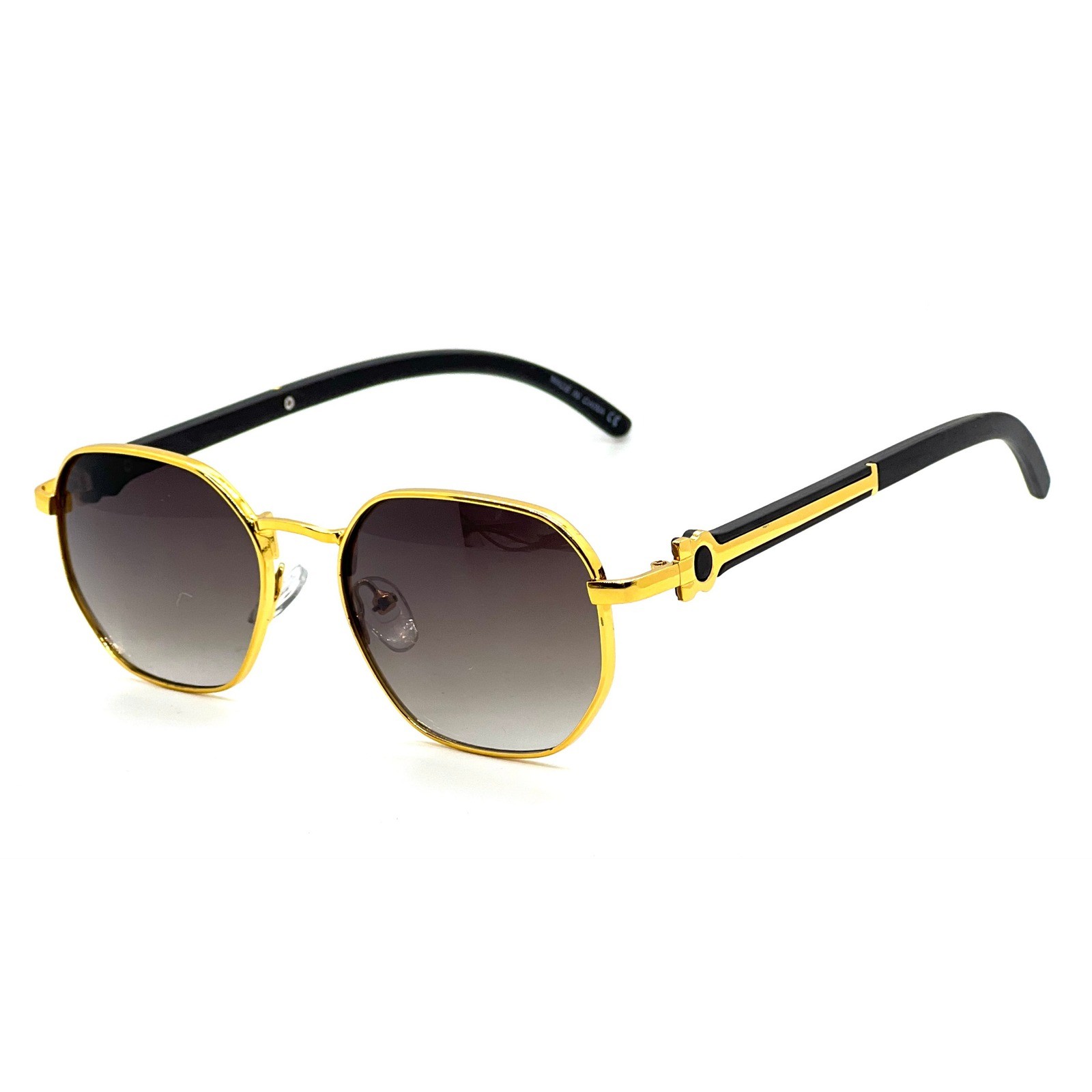 Mens Geometric Gold Metal Sunglasses Grey Gradient Lens Black Wood Grain Style