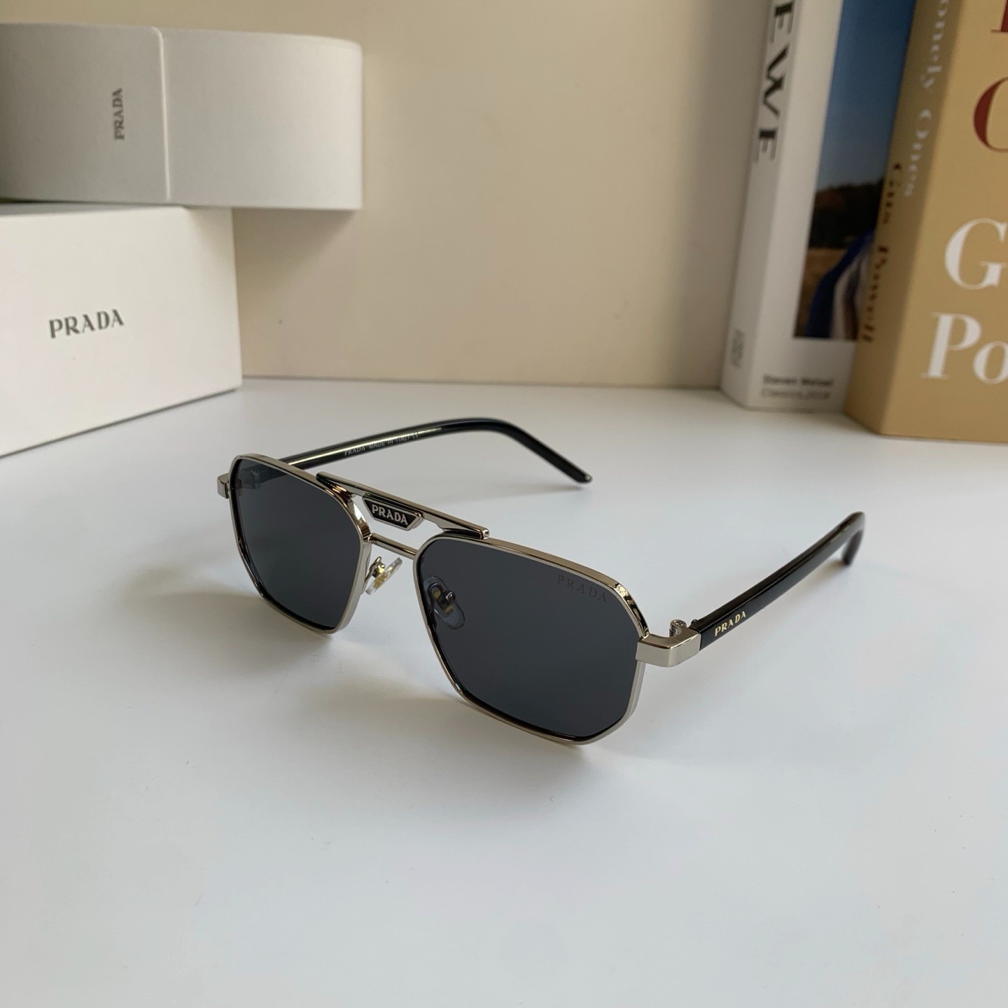 PRADA SPRA54 Pilot Sunglasses Silver‑Tone Metal Black Lens Logo Plaque 60‑16‑145