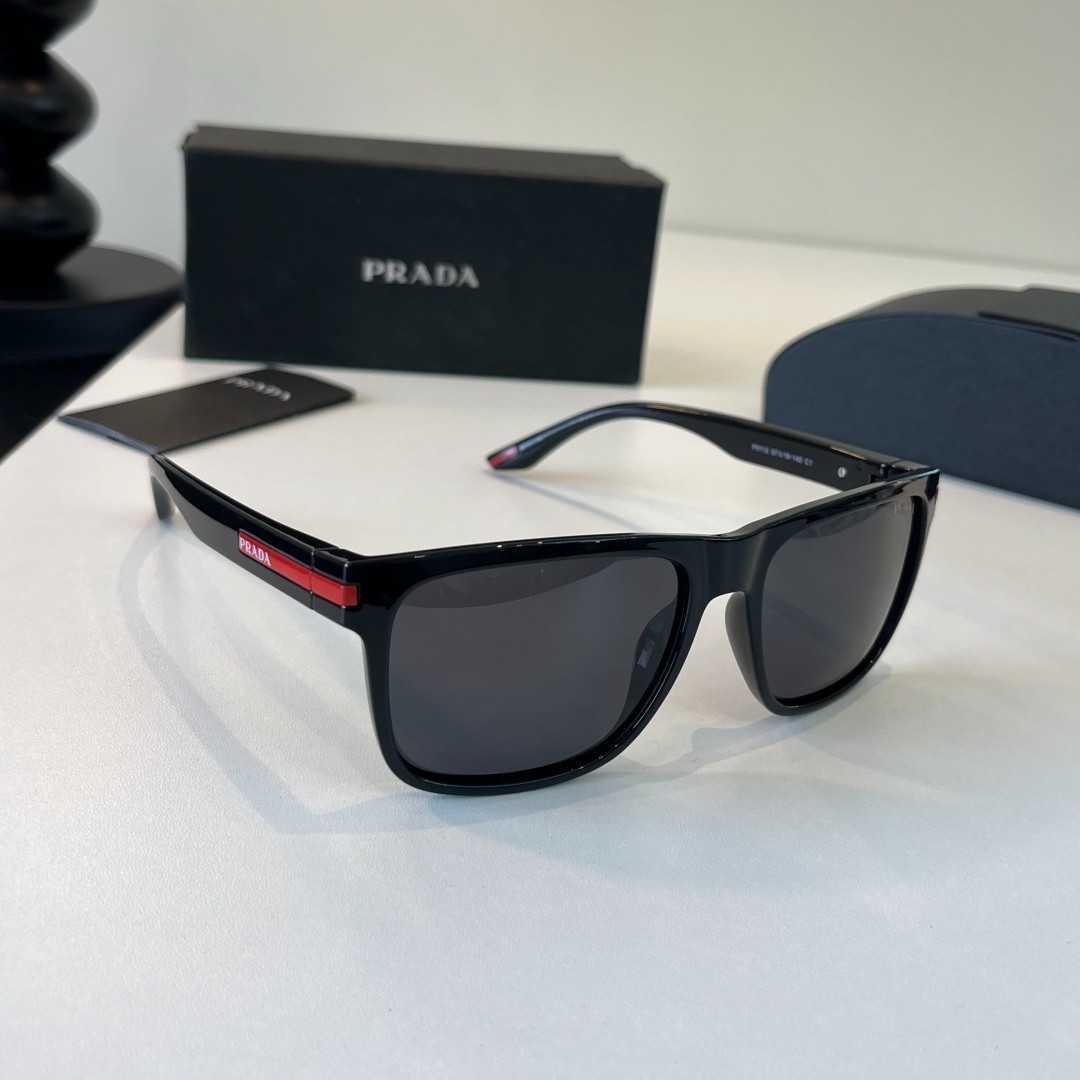 Prada P5113 Sunglasses 57‑18‑140 Black Red Accent Dark Grey Square Men Shades