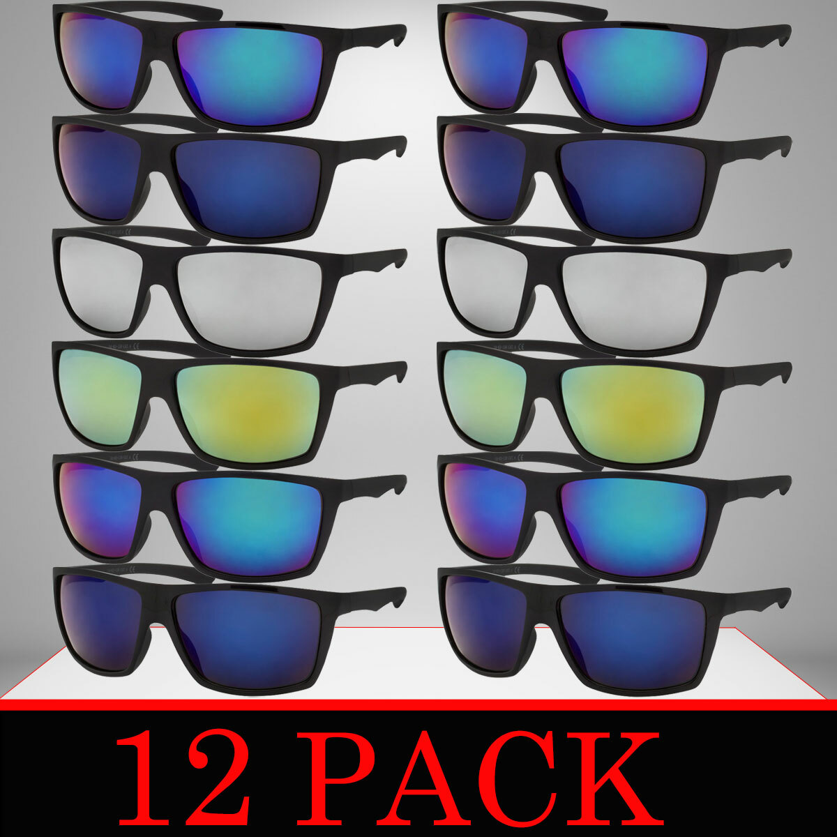 MENS SUNGLASSES WHOLESALE 12 PACK BULK SUNGLASS STYLE SPORT WRAP MIRROR / BLACK