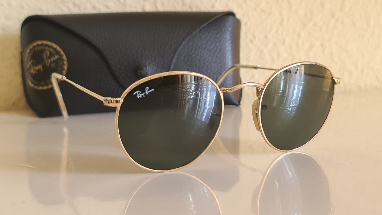 Ray-Ban RB3447 Round Metal 001 Arista Gold G-15 Green Sunglasses Case