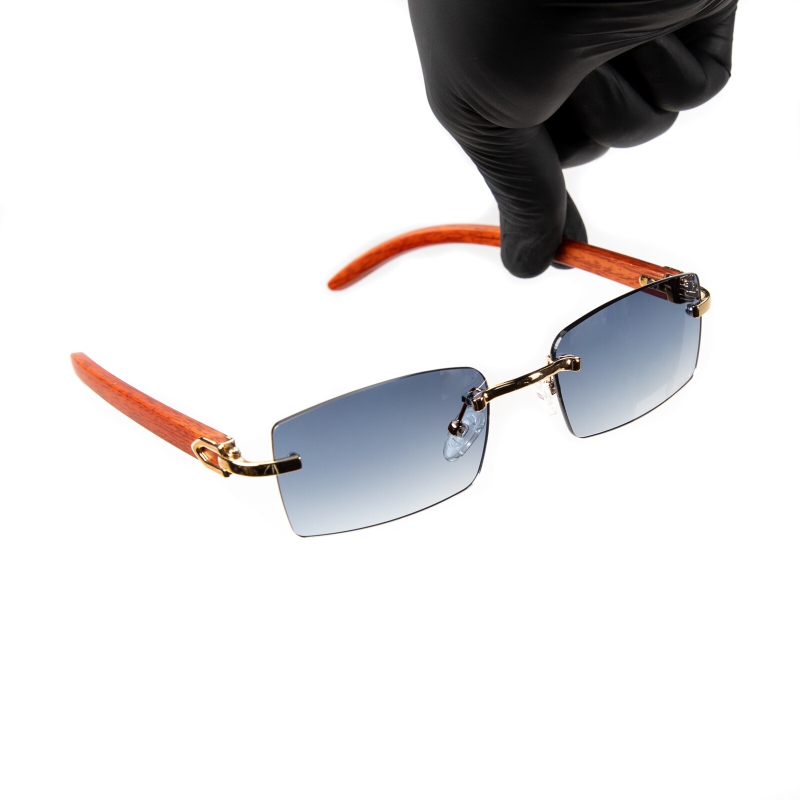 Rimless Woodgrain Blue Gray Tint Gold Frame Luxury Buffs Hip Hop Sunglasses