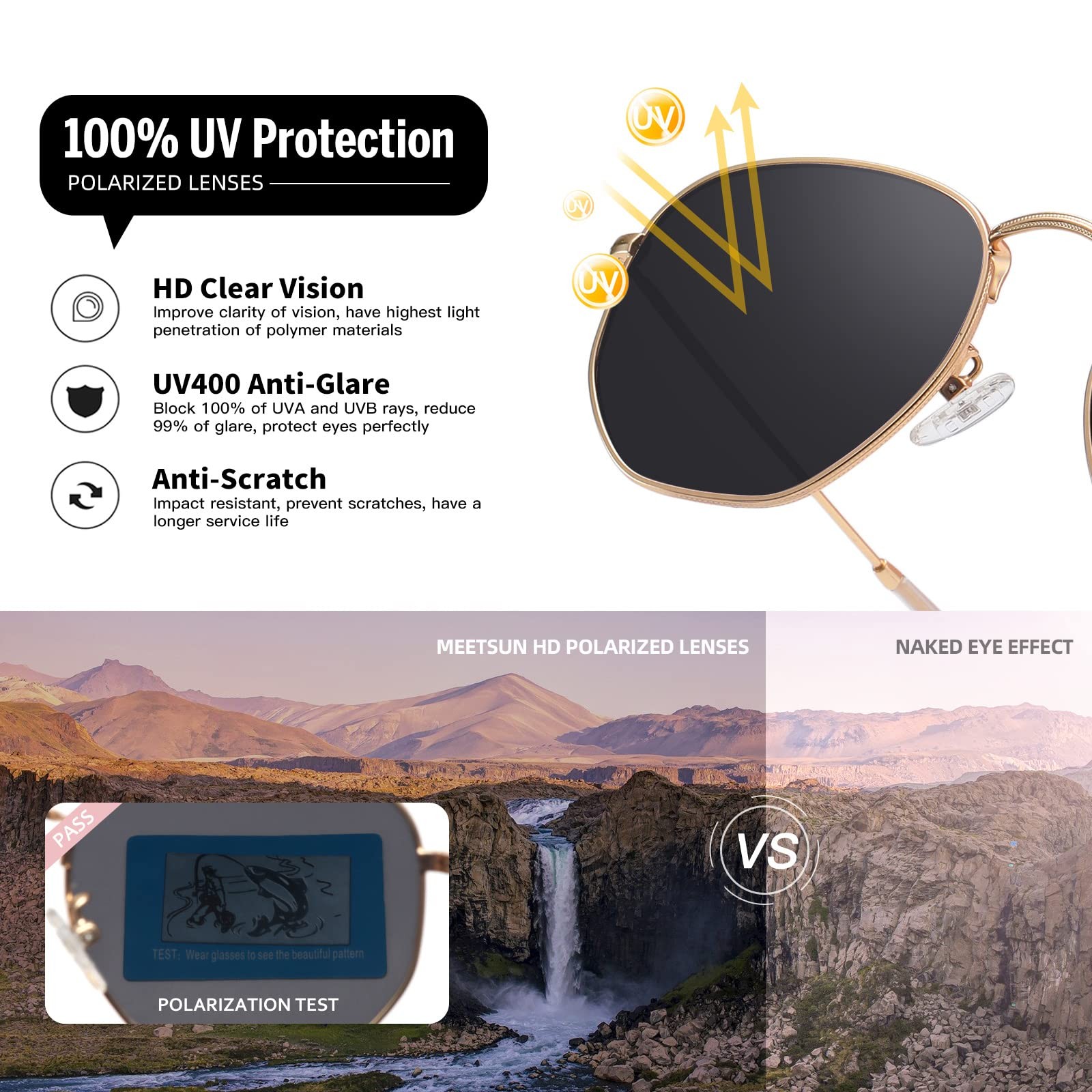 MEETSUN Polarized Hexagon Sunglasses for Women Standard, Gold Frame-gray Lens