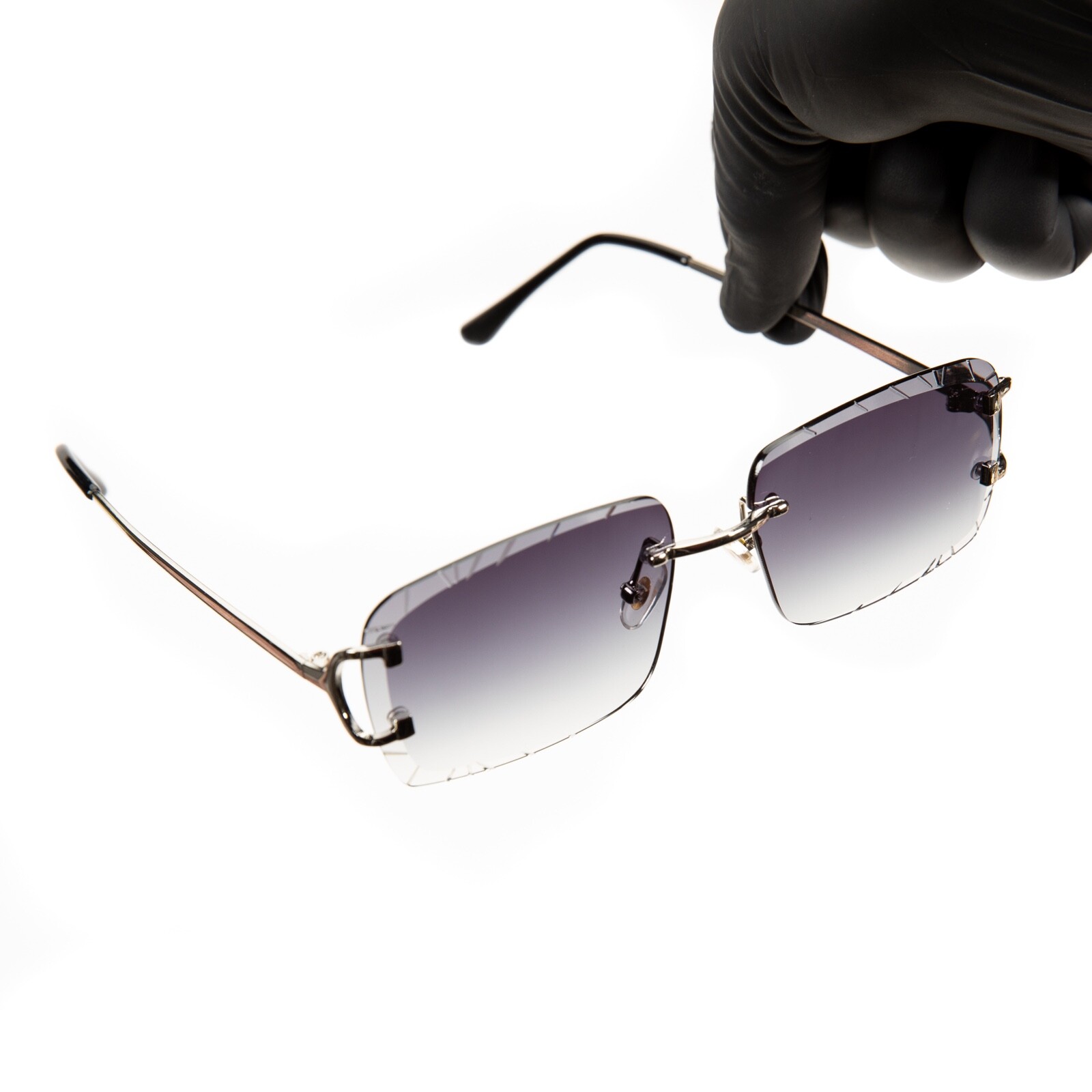 Men’s Gem Cut Purple Tint Silver Frame Hip Hop Rimless Luxury Square Sunglasses