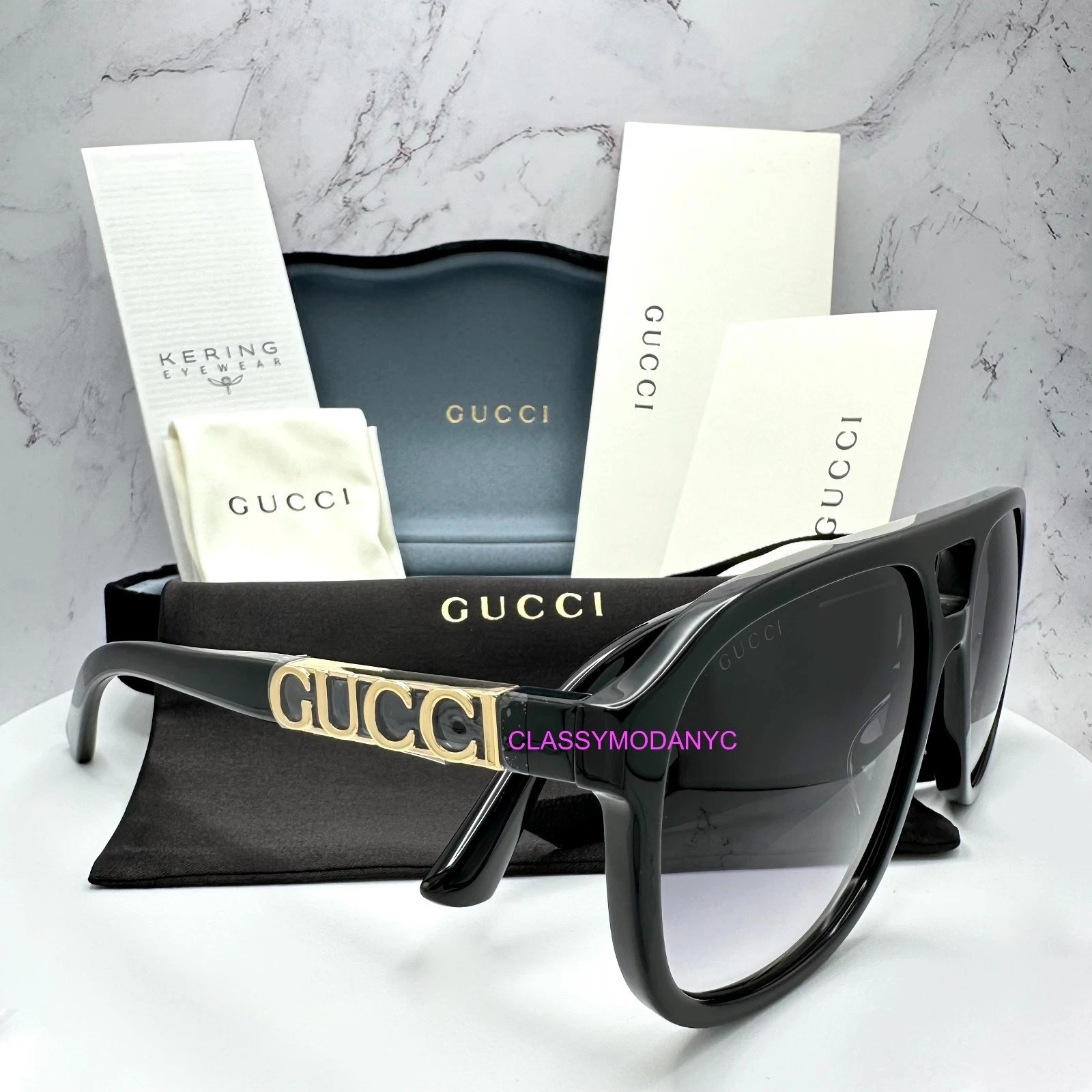 GUCCI Sunglasses Black Acetate Aviator Pilot Gold Metal Letter Logo 58mm