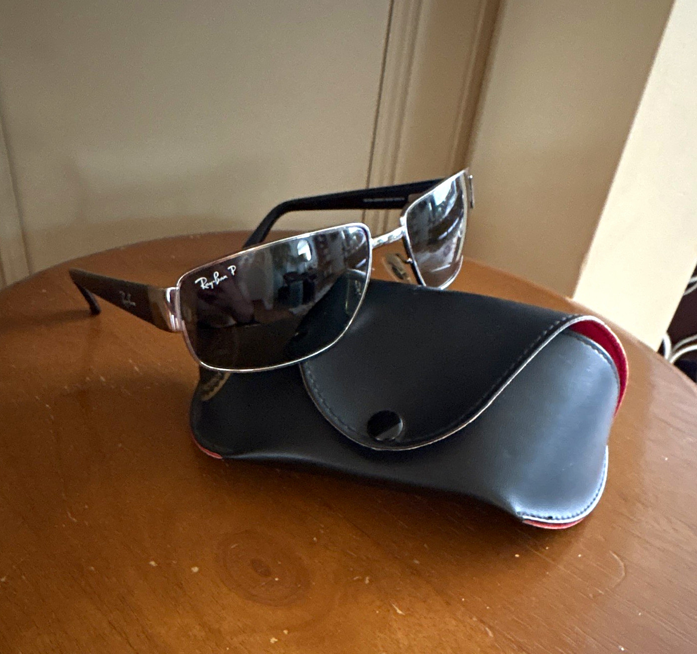 Ray-Ban Polarized Rectangular Silver Metal Frame Black Lens w/ Case