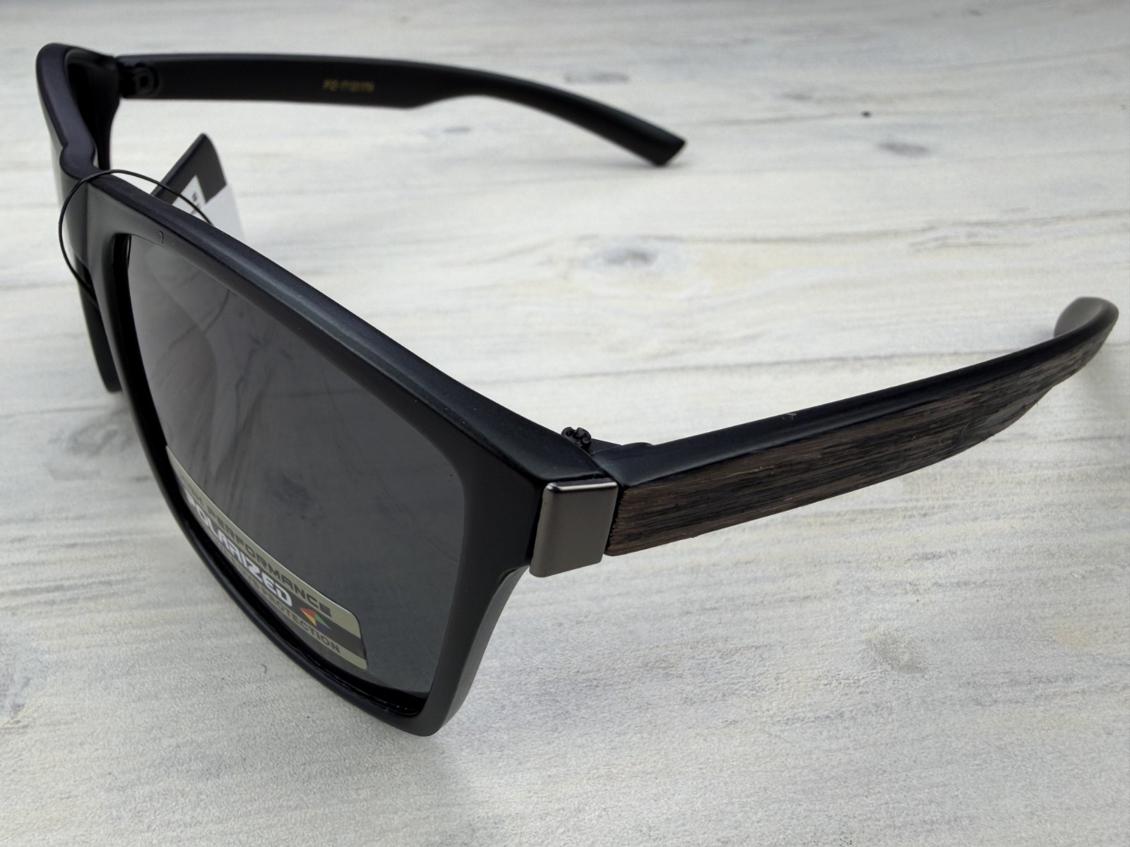 Polarized Sunglasses Black Frame Black/Brown Wood Grain Look Temples Gray Lens