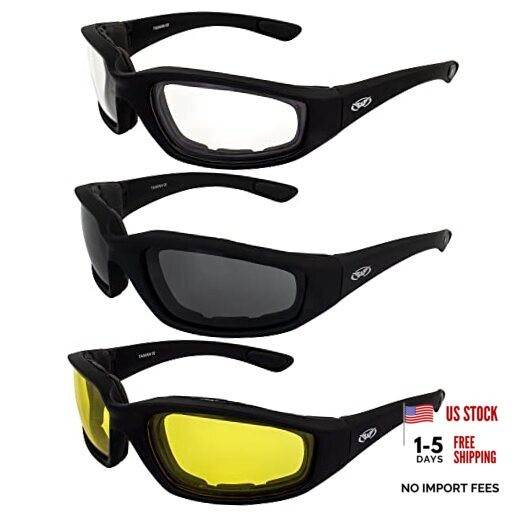 3 Pairs of Kickback Black Foam Padded Motorcycle Riding Sunglasses 1 Clear