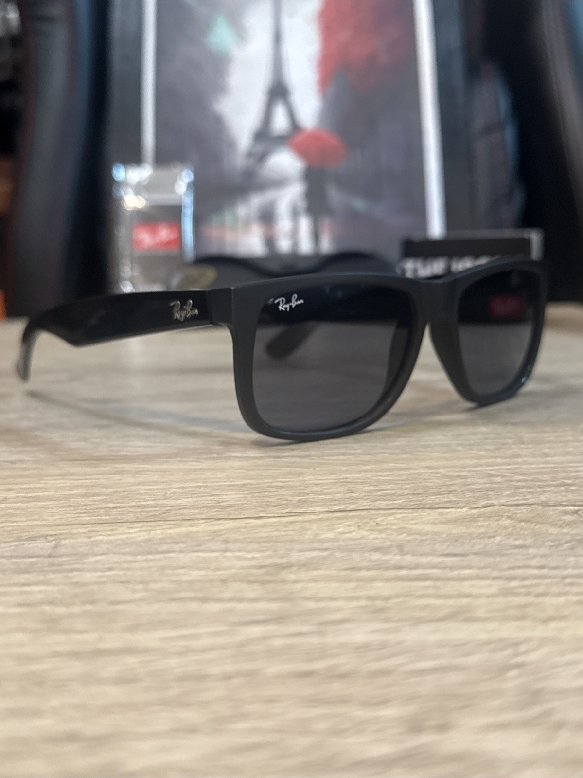 Custom RayBan 4165 Justin Glossy Black Temples/ Matte Black Front Frame/Grey 55m